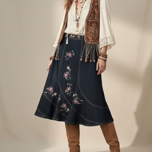 Unique Floral Embroidered Denim Skirt Stretch Fit & Flare Boho XS - Picture 8 of 8